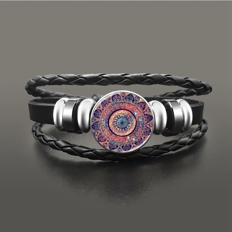 Винтажные браслеты с кнопками застежками Om Yoga Chakra Mandala классический кожаный