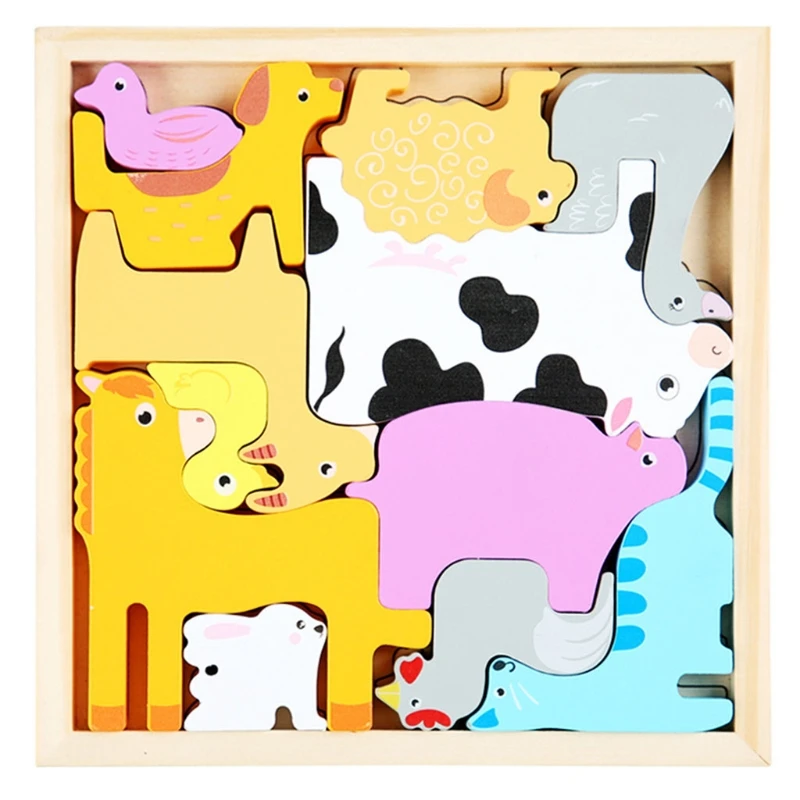 

Q9QB Wooden Puzzle Cartoon Cognition Tangram Cutting Water Painted Shape Matching Jigsaw Educational Toy Gift for Preschool