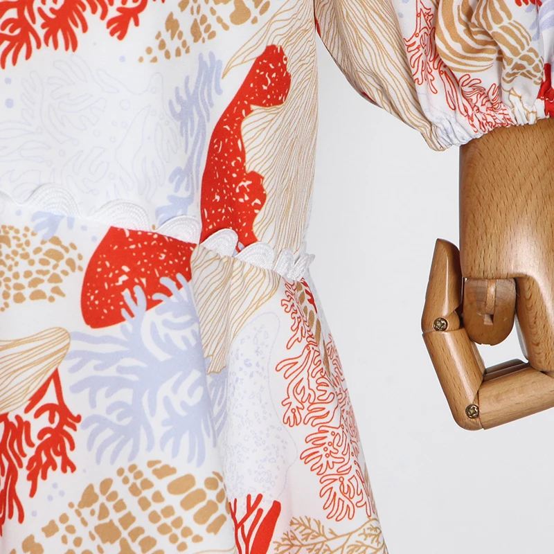 

VGH Elegant Dress For Women V Neck Lantern Long Sleeve Print Hit Color Slim A Line Bodycon Mini Dresses Female 2021 Autumn Tide