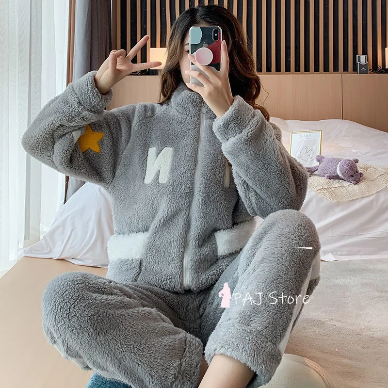 Женская Фланелевая пижама с капюшоном Теплый Бархатный пижамный комплект зима