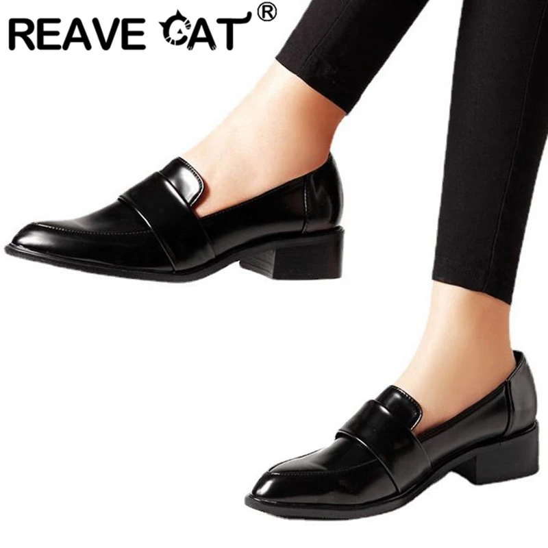 

REAVE CAT New Style Woman Pumps Pointed Toe Thick Heels Loafers Slip-on Size 35-42 Solid Black Brown Retro Spring Leisure S2951