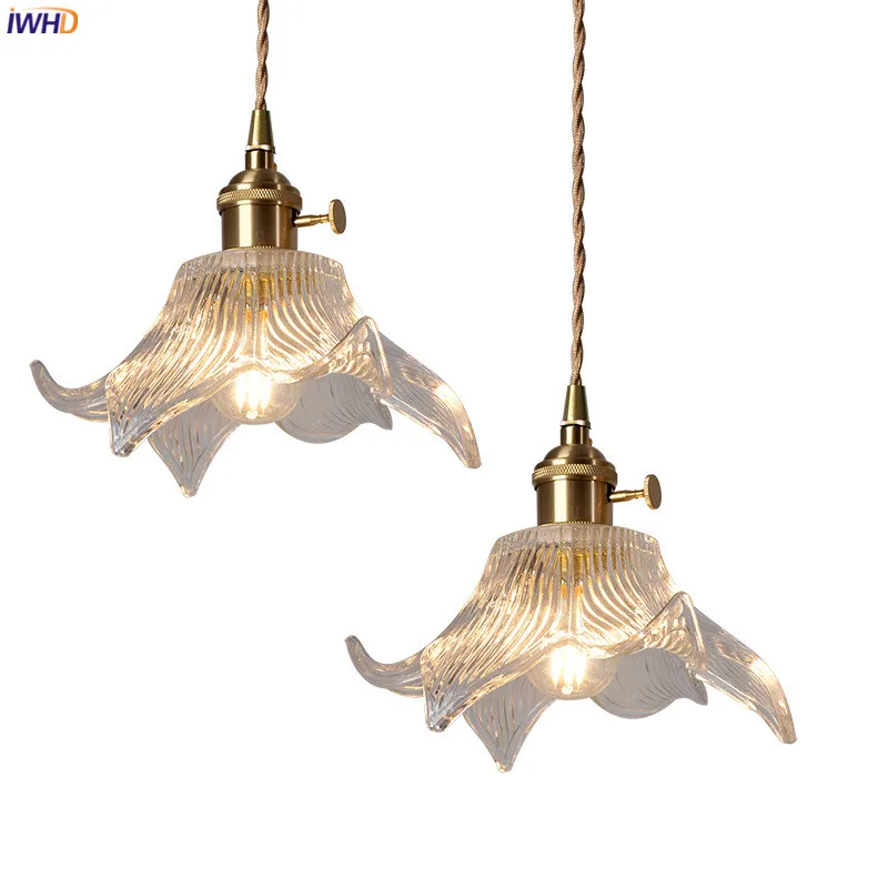 

IWHD Flower Glass LED Pendant Lighting Fixtures Copper Beside Lamp Bedroom Dinning Room Nordic Modern Hanging Light Luminaria