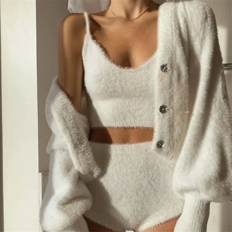 

2022 New Plush Mohair 3 Pieces Women's Set V-Neck Tank High Waist Shorts and Cardigan Jacket Sets for Female Vintage Sweater