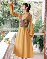 2021 spring new arrival hot sale peter collar lace long sleeve chiffon long dress flower embroidery vest suits yellow