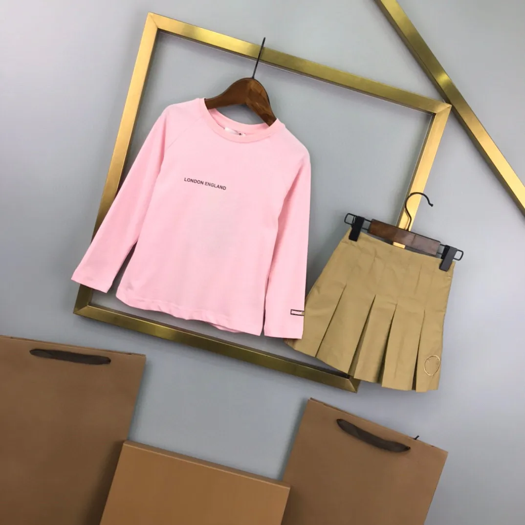 

2021 Autumn letter printed Pink Top + Khaki Skirt brand children's clothing set boutique suit 3 4 6 8 10 12 1Years