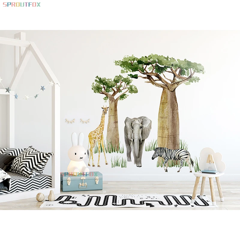 Большие лесные животные настенные Стикеры для детской комнаты жираф слон Зебра