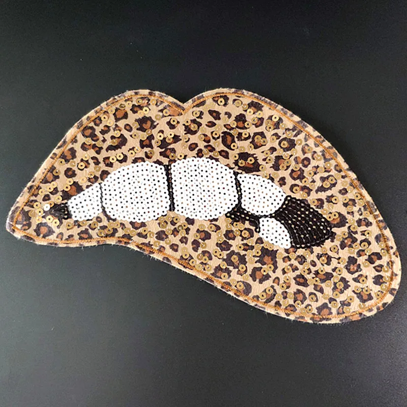 

Biker Patches for clothing Women 270mm Lips Leopard print Sequined Fabric Sequins Strange thingst Patch T-shirt Clothes Stickers