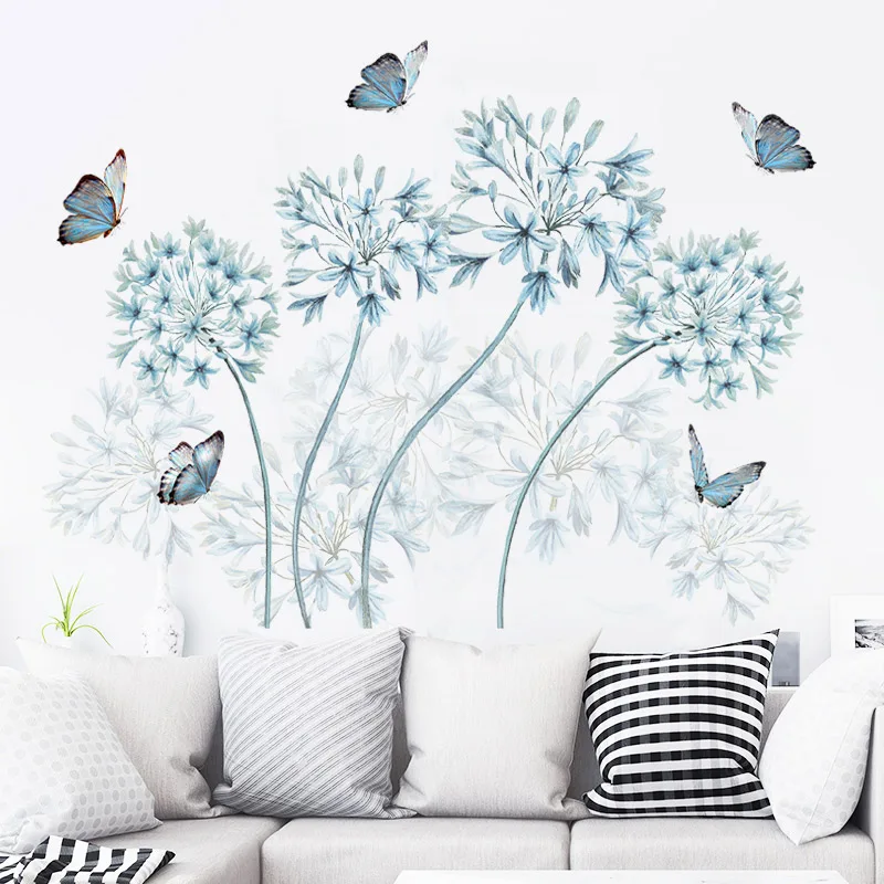 

Creative Blue Flower Wall Stickers Flying Butterfly Wall Art Decal Sticker Wallpaper Removable Mural PVC Home Decorations