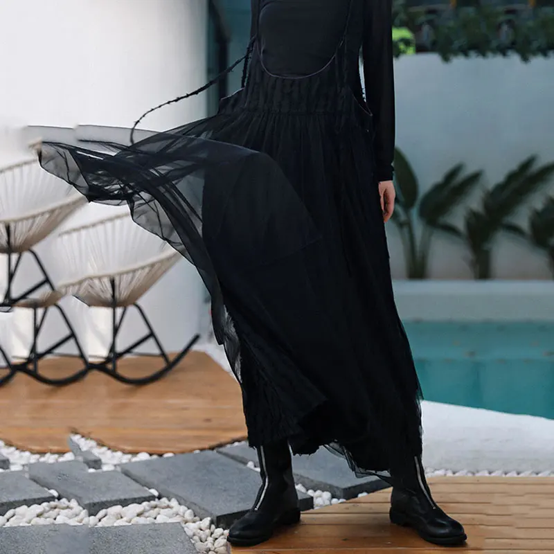 

XITAO Irregular Mesh Black Strap Skirt Summer New Style Personality Elegant Concise Loose Solid Color Women Skirt WMD0926