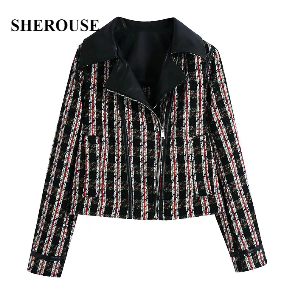 

Sherouse Women Fashion Checkered Contrast Jacket Long Sleeves Lapel Collar Zipper Vintage Woman Warm Coat Outfit Fall Winter