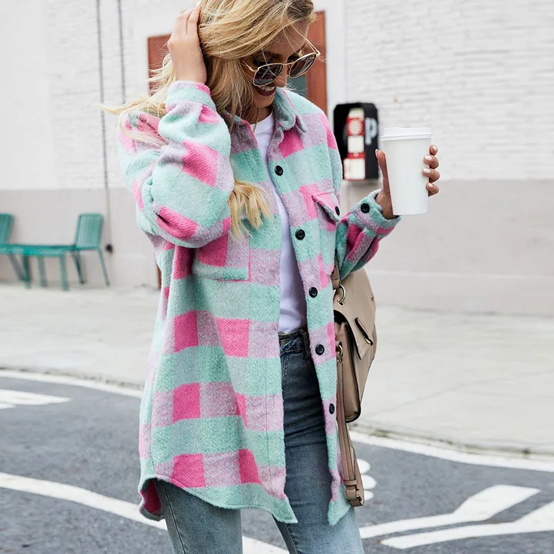 

Women's Long-sleeved Plaid Jacket 2021 Autumn Fashion Loose Coat Fleece Retro Elegant Streetwear Mujer Thick Oversize Outwear