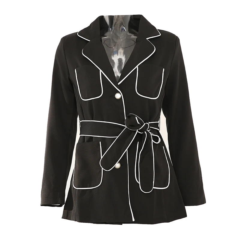 

LANMREM Women's New Black Work Blazers 2021 Spring Bandage Long Sleeve Notched Collar Suit Coat With Belt Mid Length BC032