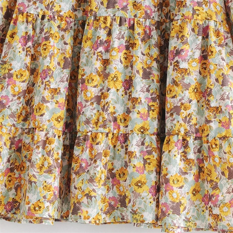 

ZXQJ Women 2021 Fashion Flora Print Stretch Layered Mini Dress Vintage Tied O Neck Long Sleeve Female Dresses Mujer