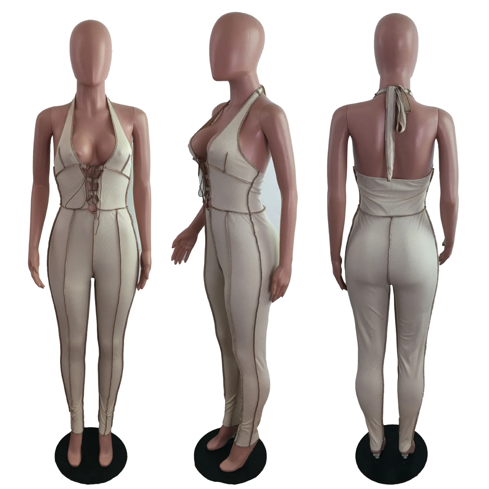 

WEPBEL Solid Slim Patchwork Jumpsuits Women's Sexy Jumpsuits Summer Lace-up Bandage Hollow Out Spaghetti Strap Pencil Jumpsuits