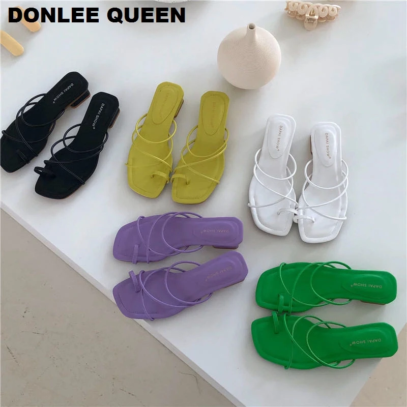 

2021 Summer Slippers Women Narrow Band Sandals Low Heels Square Toe Slipper Beach Slide Flip Flops Elegant Ladies Shoes Slippers