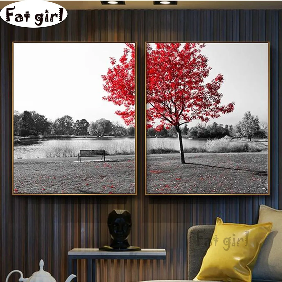 Алмазная живопись красными листьями на черно белом фоне 5D полностью квадратная