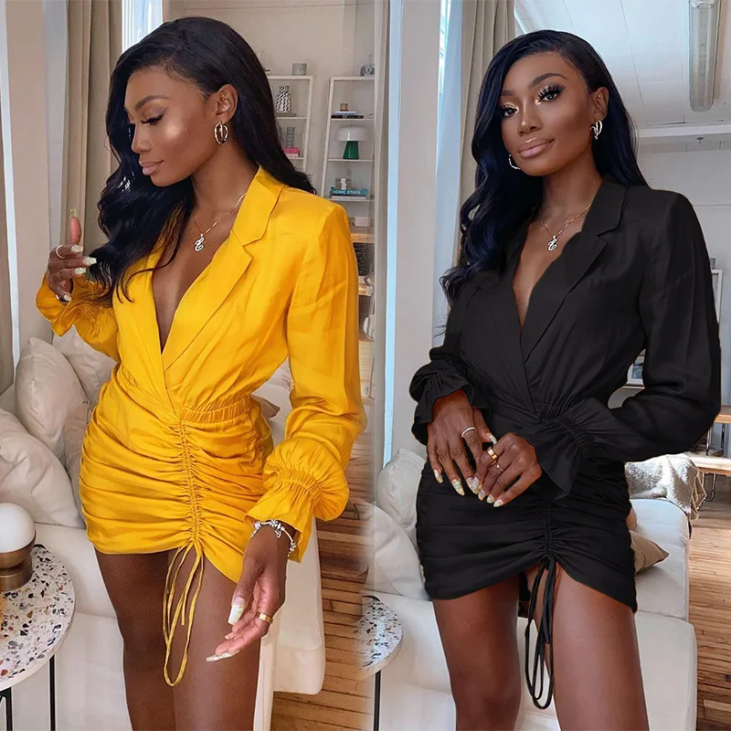 

Women Dress Autumn New 2021 Sexy Bodycon Mini Dress Slim Turn-Down Collar V Neck Ruched Drawstring Black Dress For Women
