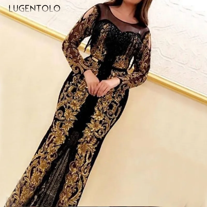 

Lugentolo Sequins Party Dress Women Lace Long Sleeve Round Neck Elegant Summer New Empire Sheath Floor-Length