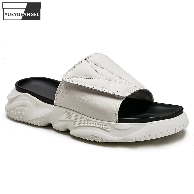 

Шлепанцы мужские из натуральной воловьей кожи, Сланцы на толстой платформе, удобные сандалии без застежки, повседневные пляжные тапки, летн...