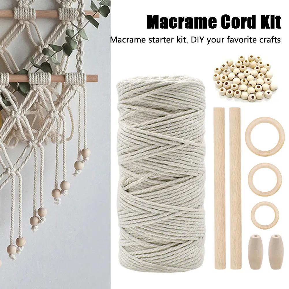 

Macrame Kit Cord Stick Beads DIY Natural Cotton Hanger Rope Wall Hanging Braided Knitting decor Wood circle Teether Crafts Plant