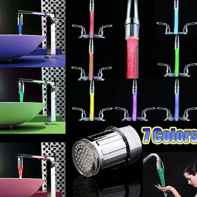 LED Light Water Faucet Tap Heads Temperature Sensor RGB Glow Shower Stream Bathroom 7 Color Changing Mini Kitchen Faucets | Обустройство