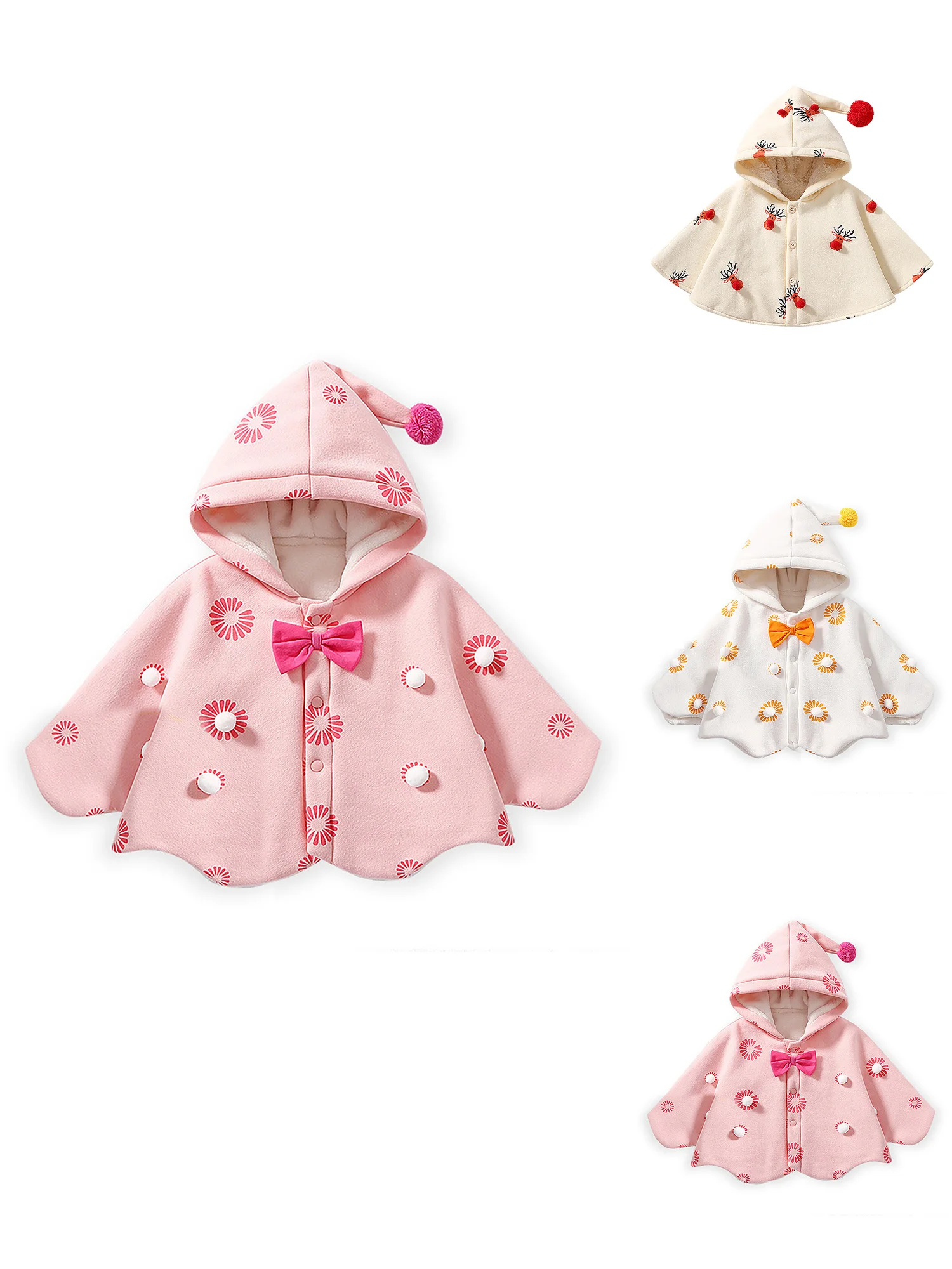 

Baby Christmas Cute Shawl Cartoon Snap Hooded Cotton Blend Casual Winter Baby Cloak Sleeves Girls Fashion Outwear Thermal Tops