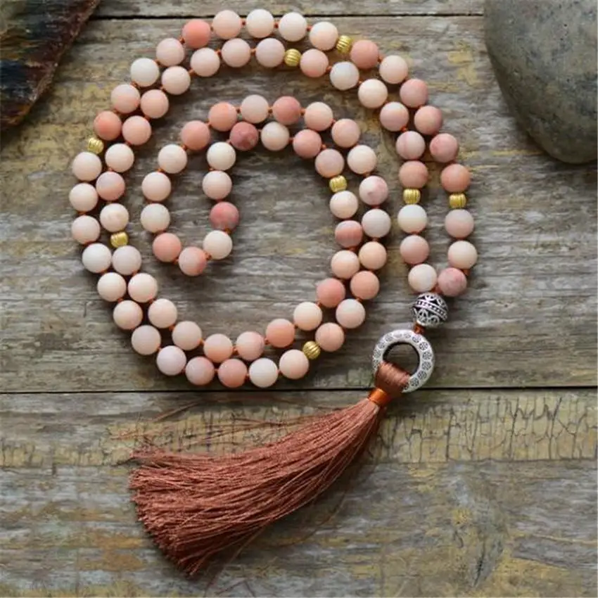 

8mm powder Sunstone 108 Beads Gemstone Tassels Mala Necklace Healing energy Bless MONK spirituality cuff Lucky Chakas