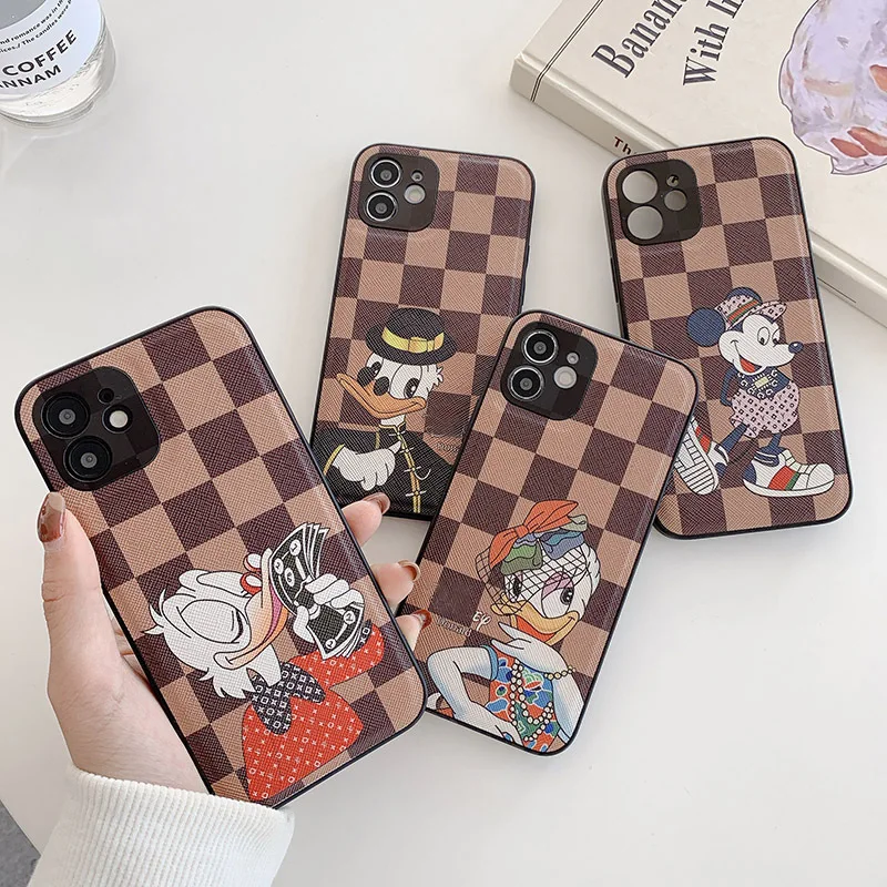 

Luxury Mickey Mouse Donald Duck Phone Cover Case For iPhone 13 pro 12 11 Promax 78 Plus Xr Xs Max Design Grid Disney Anime Shell