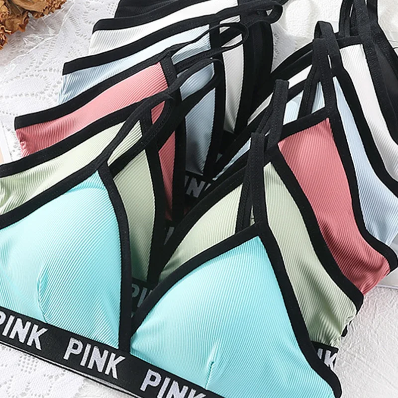 

New triangle cup underwear female student girl English sports vest without steel ring cotton adolescent high school student bra