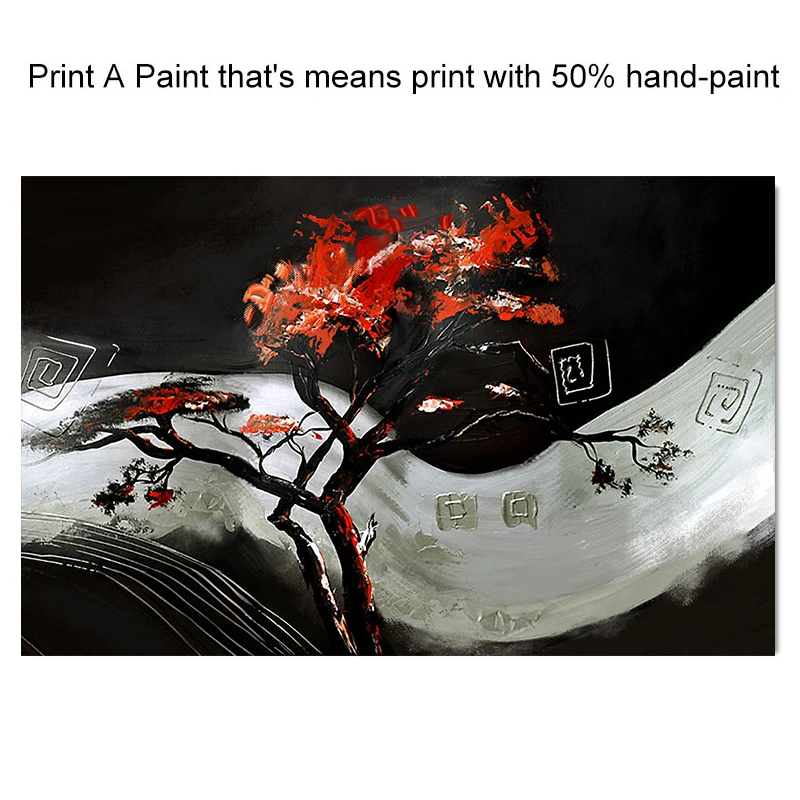 

Handpainted Abstract Oil Painting Black White Red Leaf Tree Painting Wall Art for Living Room Home Decoration No Frame