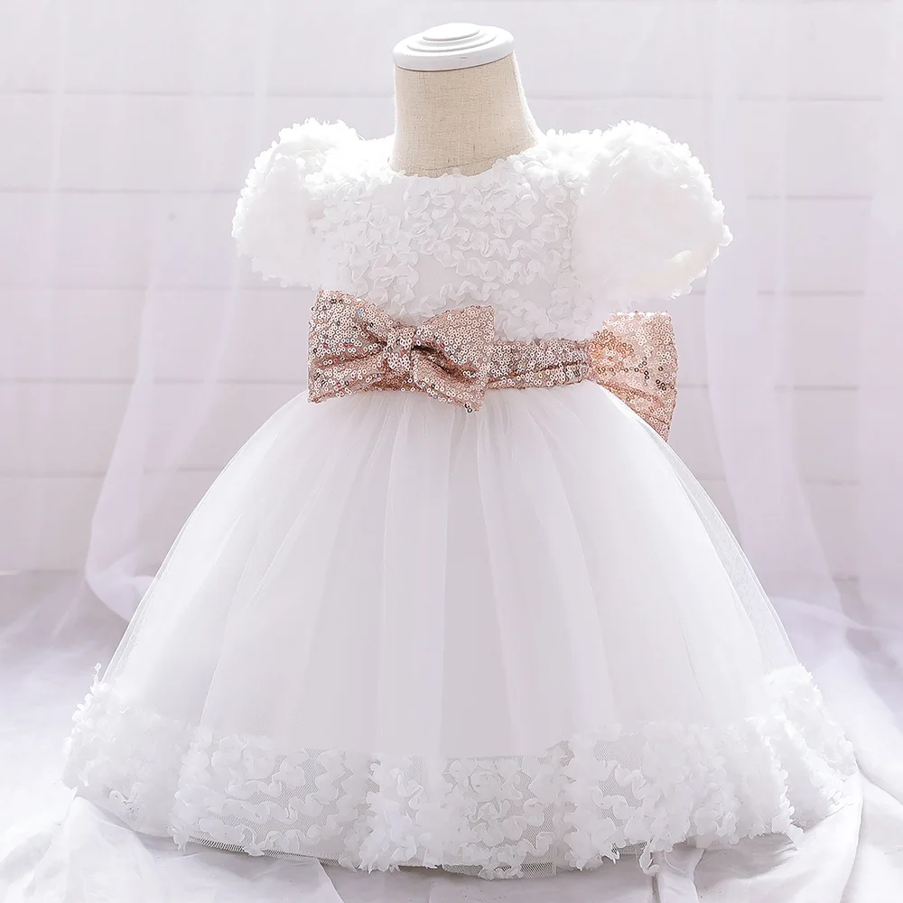 

LZH 2021 New Baby Wedding Birthday Party Dress Sequined Bowknot Belt Tutu Flower Short Sleeve Princess Dresses Newborn Clothing