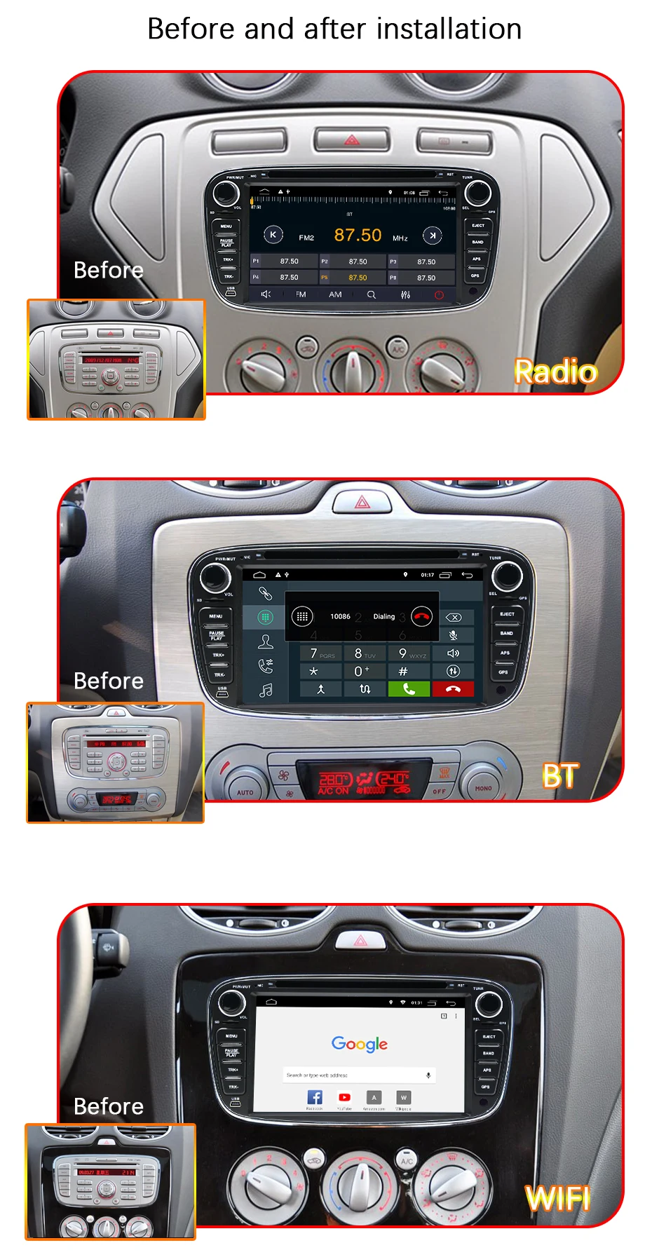 Eunavi 2 Din " Android 9,0 автомобильный dvd-плеер радио онлайн карты gps навигация wifi для Ford focus II Galaxy Transit Tourneo Mondeo