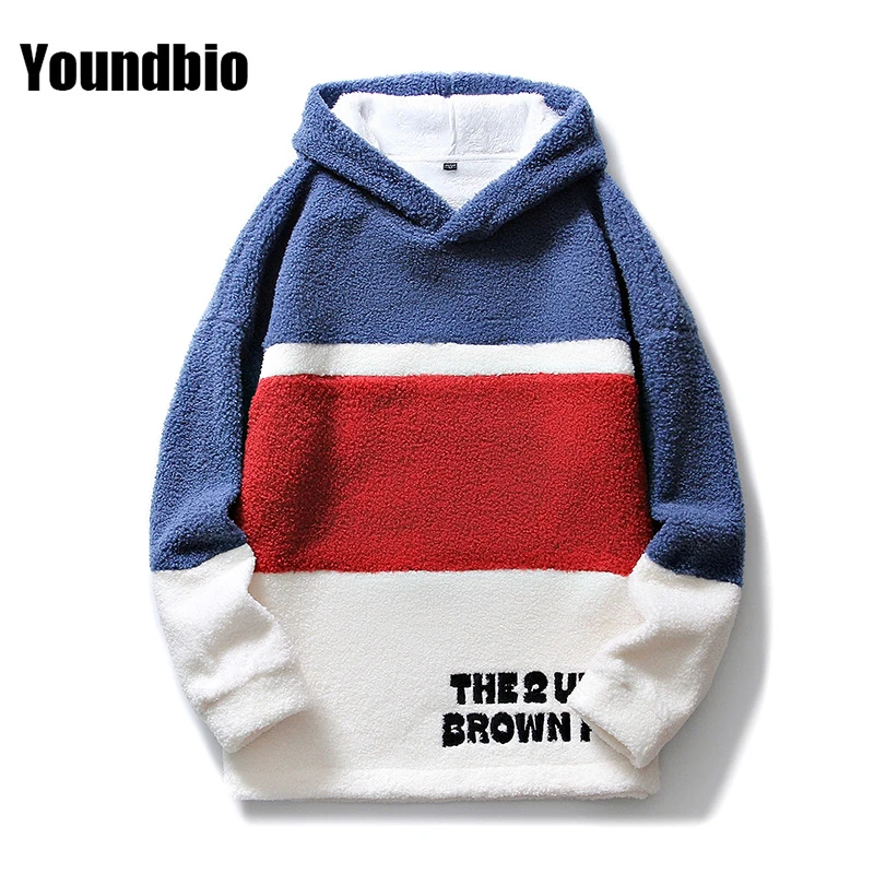 

Autumn and Winter Men's Lamb Velvet Sweater Street Trend Stitching Hooded Top Warm Casual Fashion Sweater Men