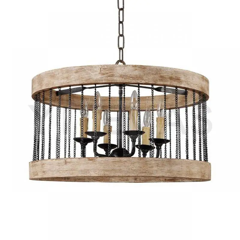 Черный винтажный подвесной светильник деревянный 6 светлый французский