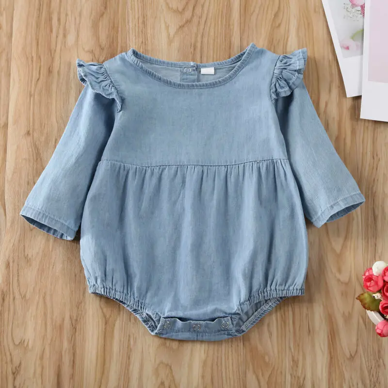 

Toddler Baby Girl Boy Denim Single Breasted Pocket Romper Outfits Clothes Ruffle Long Sleeve Cotton Rompers