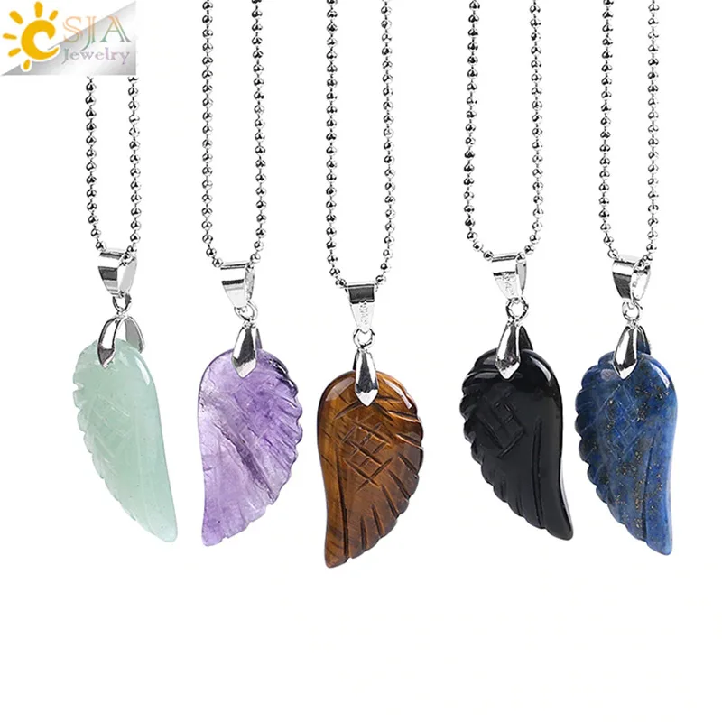 

Natural Gem Stone Angel Wing Necklaces & Pendants Purple Pink Rock Crystal Lapis Lazuli Opal Green Aventurine Jewelry