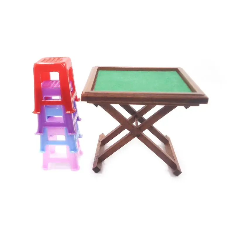 

50LE 1:12 Miniature Dollhouse Chinese Mahjong Table Stools Set Living Room Furniture Game Toys Doll House Accessories Decor