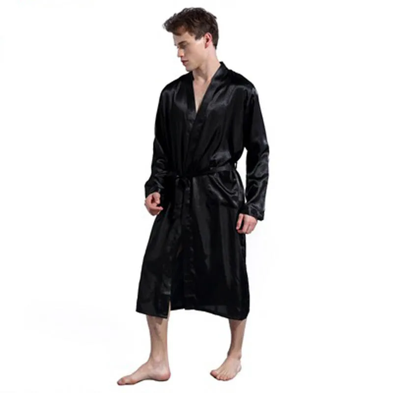 

Men's Solid-Color Robe Thin, Cardigan Robe Loose Size Long-Sleeved Autumn Sun-Faced Bathrobe