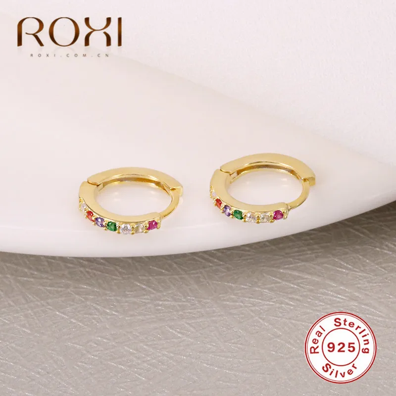 ROXI 100% 925 стерлингового серебра Мини Круглые серьги Радуга CZ гвоздики для женщин