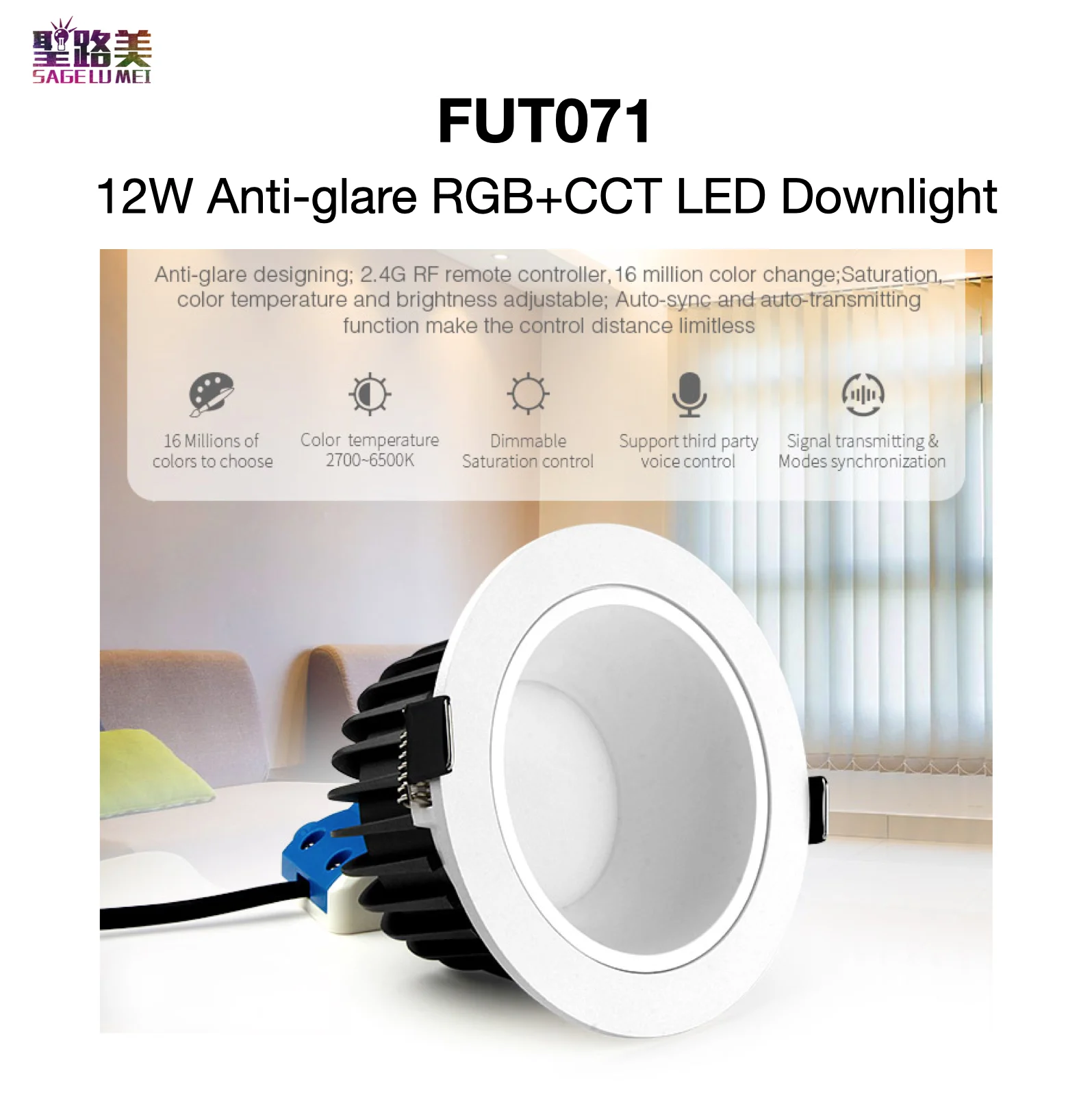 

FUT071 12W Anti-glare RGB+CCT LED Downlight 16 Millions Colors 2.4G RF Smartphone APP Third Party Voice Control Mi-Light MiBOXER