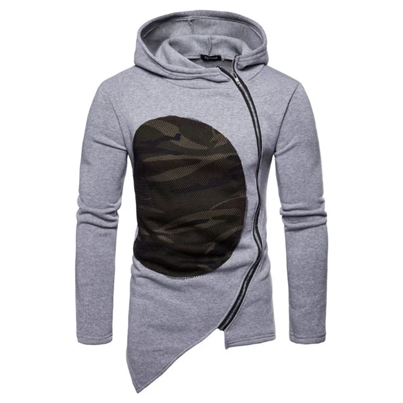 

New Design British Style Patchwork Camouflage Hoodies Men Diagonal Zipper Sweatshirt Fashion Lrregular Hooded Men Clothing