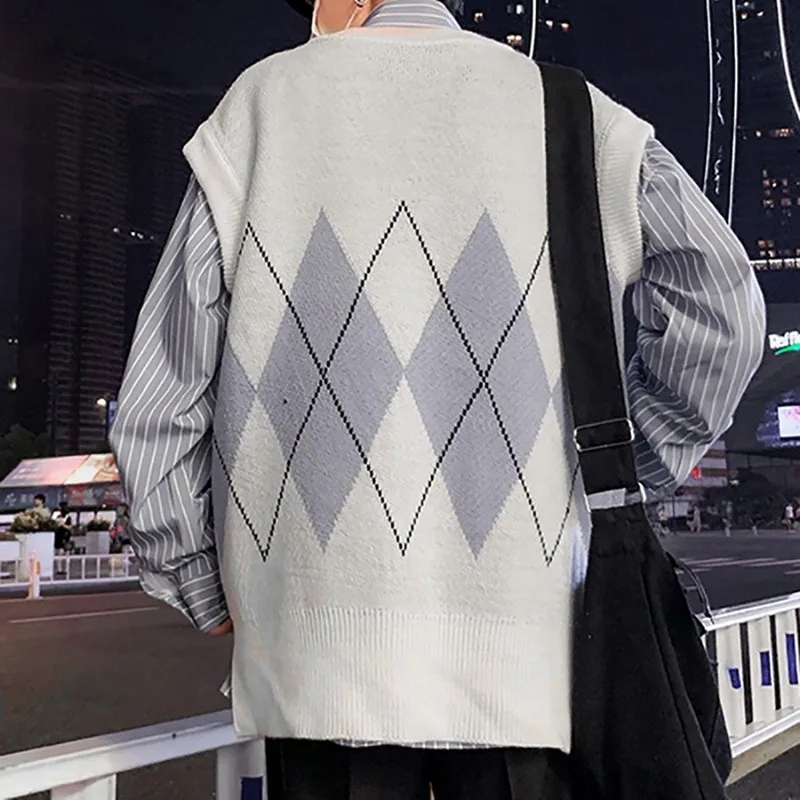 

Men V-neck Vest Patchwork Knitted Sweater Oversize Vest Wild Sleeveless Vest Knit Sweater College Style Sleeveless Waistcoat