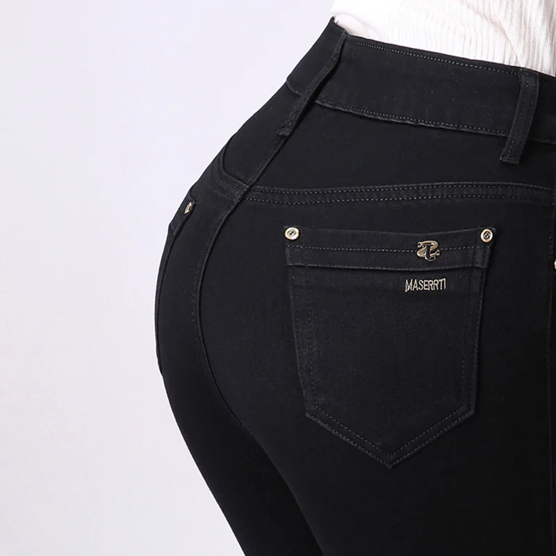 Высокое качество осень зима джинсы женские с высокой талией темно синие скинни