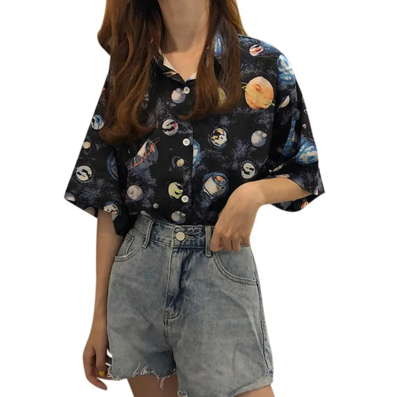 Рубашка женская в ретро стиле с принтом планеты блузка коротким рукавом и