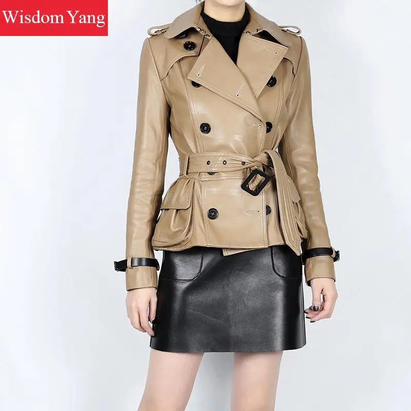 Осенние куртки цвета хаки из натуральной овечьей кожи короткие женские пальто