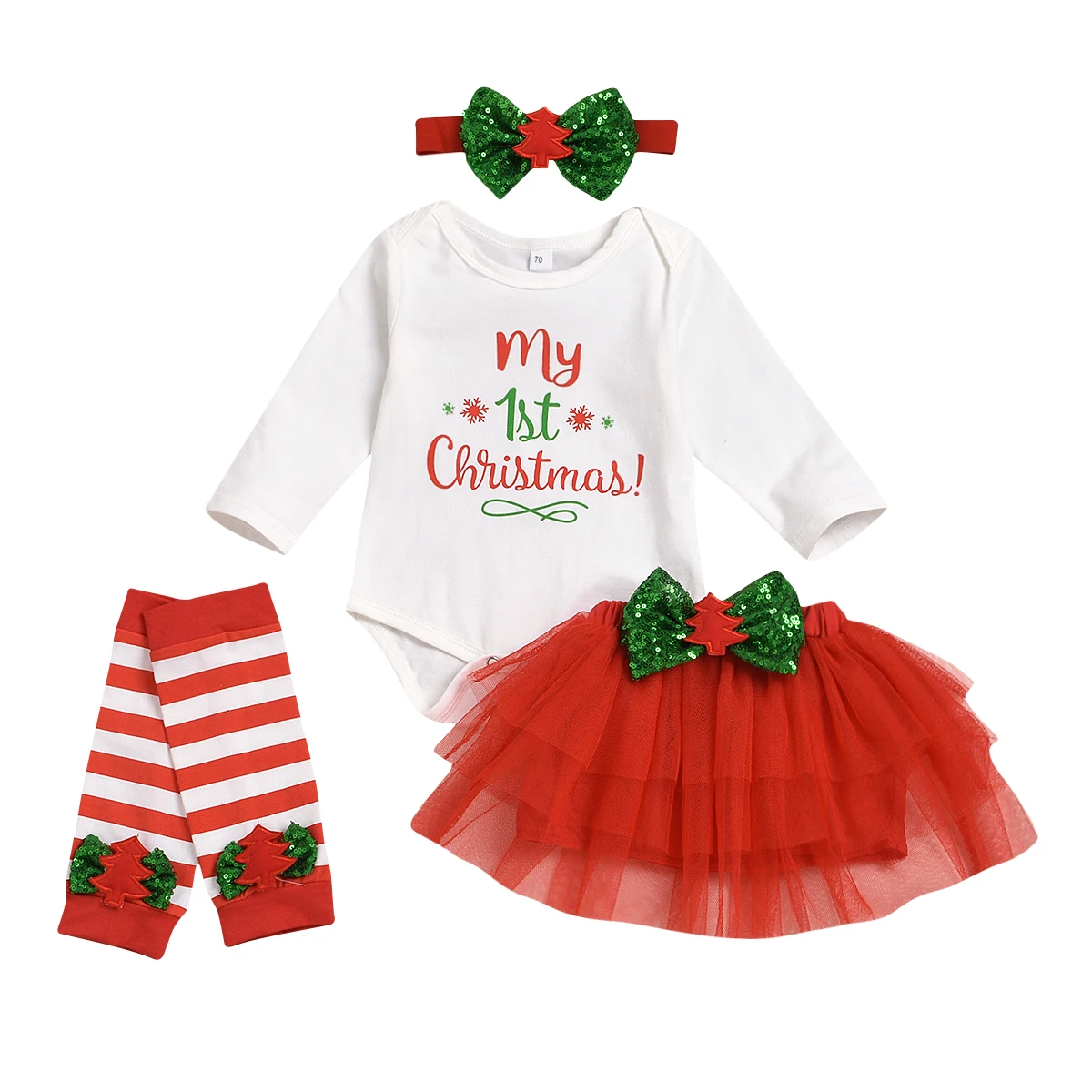 

4Pcs Newborn Baby Girls 1st Christmas Outfit Long Sleeve Romper+Tutu Skirt+Leg Warmers+Headband