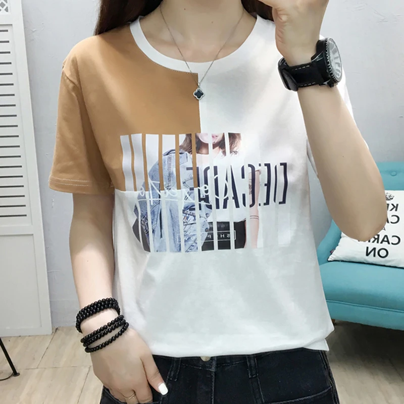 LJSXLS Summer Loose Print Cotton T Shirt Women Korean Patchwork Short Sleeve Tee Shirt Female 2021 Fashion Women Clothing Tshirt