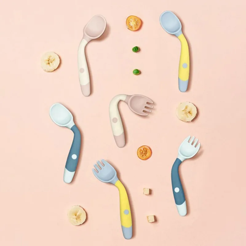 

High-quality Newborn Baby Learn To Eat Training Tableware Fork Soft Spoon Bendable Complementary Food Cartoon Tableware Harmless