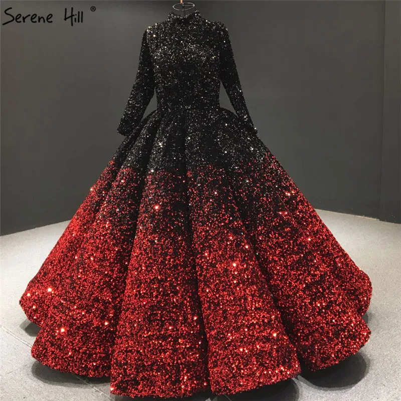Gradual Change Black Red Dubai Wedding Dresses 2020 Luxury Long Sleeve Sequined Bride Gowns Serene Hill BHA2153 Custom Made | Свадьбы и