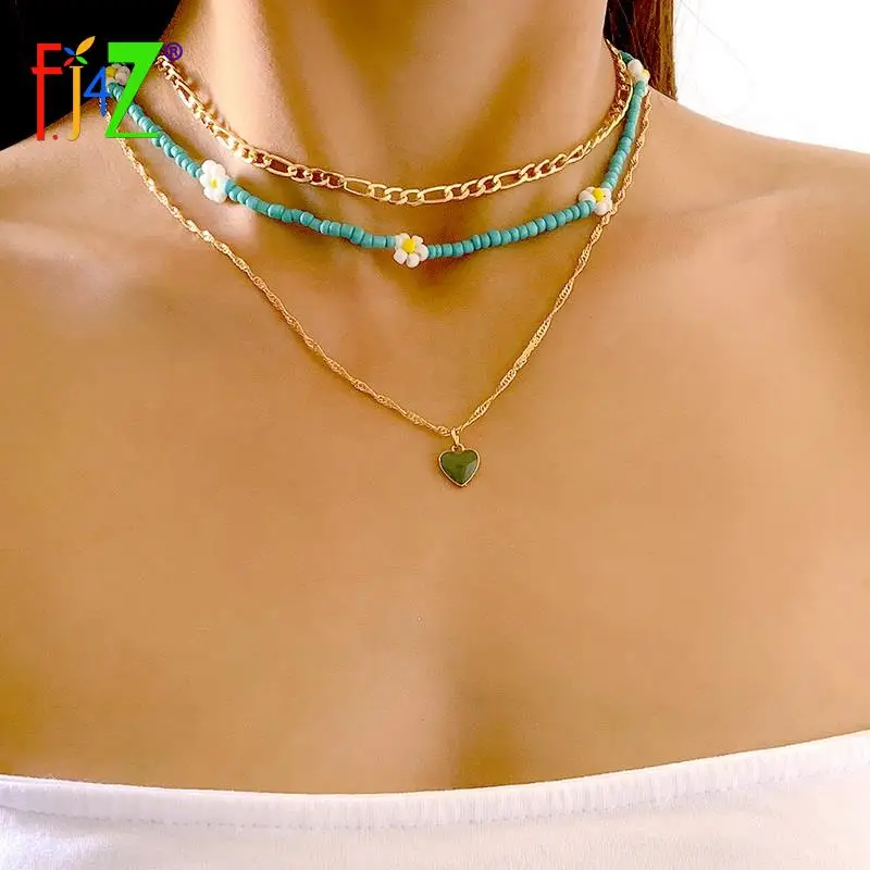 

F.J4Z 3layers Bohemian Necklaces for Women 2021 Trend Green Beaded Cuban Chain Heart Pendant Collar Necklaces Lady Gifts